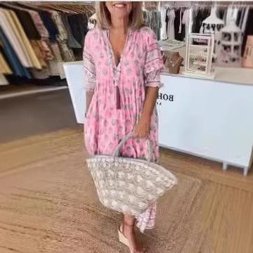 Robe à Col en V, Manches Bouffantes, Taille Haute