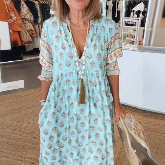 Robe à Col en V, Manches Bouffantes, Taille Haute
