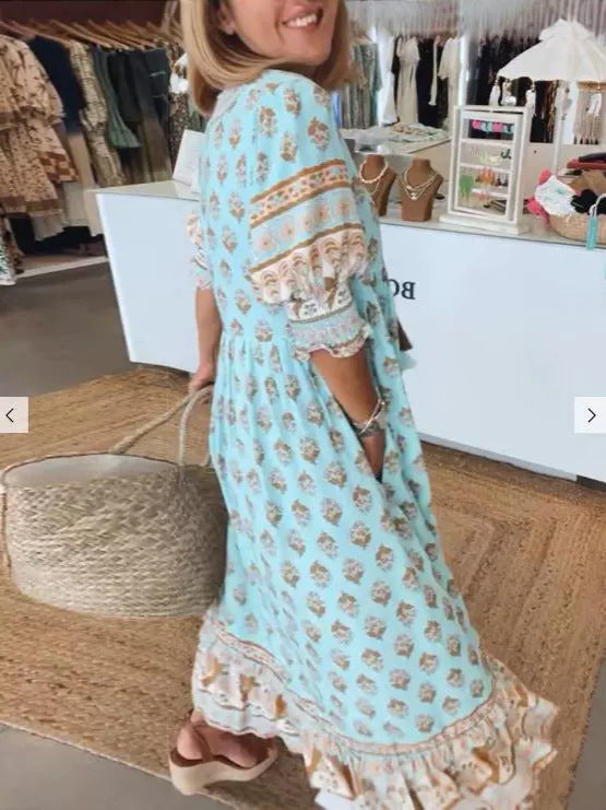 Robe à Col en V, Manches Bouffantes, Taille Haute