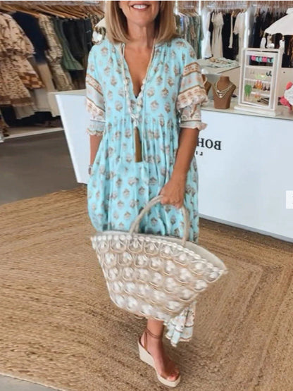 Robe à Col en V, Manches Bouffantes, Taille Haute